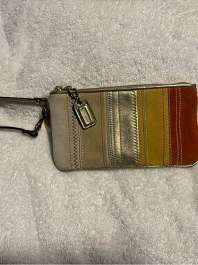 COACH Striped Leather Wristlet Phone Case in Gold, Tan, Mustard & Rust